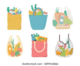 Cartoon Color Shopping Bags Icons Set Grocery Concept Flat Design Style. Vector Illustration Of Bag Icon