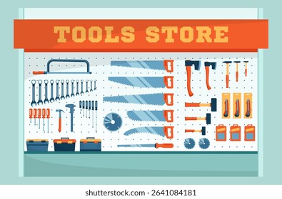 Cartoon Color Showcase with Hand Saws of Tool Store Assortment of Instrument and Tools Concept Flat Design Style. Vector illustration