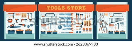 Cartoon Color Showcase Set of Tool Store Assortment of Hand Instruments and Power Tools Concept Flat Design Style. Vector illustration