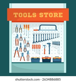 Cartoon Color Showcase of Tool Store Assortment of Instrument and Tools Concept Flat Design Style. Vector illustration