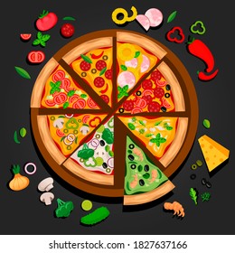 Cartoon Color Slice of Pizza with Different Type Ingredients Make Create Concept Flat Design Style. Vector illustration