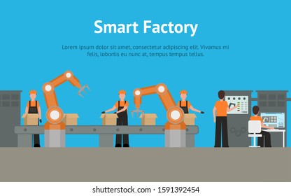 Cartoon Color Smart Factory Inside Interior Card Concept with Worker and Robot Element Flat Design Style. Vector illustration