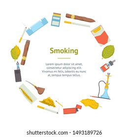 Cartoon Color Smoking Tobacco Products Banner Card Circle Include of Cigarette, Pipe, Cigar and Hookah. Vector illustration of Icons
