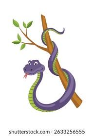Cartoon color snake. Cute smiling animal, funny reptile of wild tropical nature. Flat vector isolated illustrations for kids design