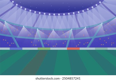 Cartoon Color Soccer Football Stadium with Empty Field and Spotlights Concept Flat Design Style. Vector illustration