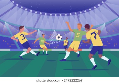 Cartoon Color Soccer Stadium with Characters Players Football Match Teams Competition Concept Flat Design Style. Vector illustration