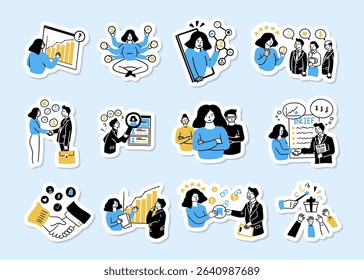 Cartoon Color Social Media Marketing Team Work Concept Different Scenes Sticker Set Concept Set Flat Design Style. Vector illustration
