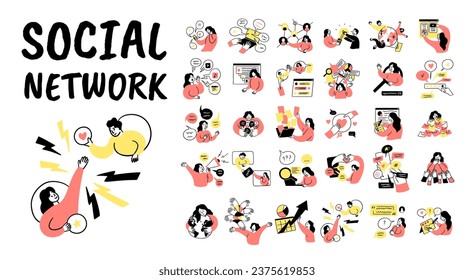Cartoon Color Social Network Concept Set Flat Design Style. Vector illustration of Scenes and Situations with Part in Communication