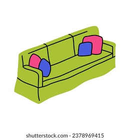 Sofá de color de caricatura con almohadas Icono de mobiliario interior Concepto de diseño plano. Ilustración vectorial del sofá