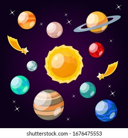 Cartoon Color Solar System Element Icon Set Include of Planet, Star and Comet. Vector illustration of Icons