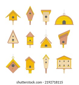 Cartoon Color Spring Bird Houses Icons Set Flat Design Style. Vector illustration of Birdhouse Wood Box Icon