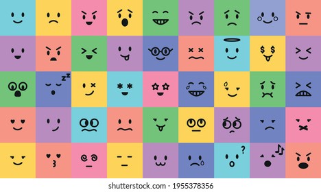 Juego de cuadrados de color de dibujos animados. Colección de emoticonos de colores vectoriales aislados en blanco. Sonrisas faciales y de ánimo. Divertidos, enojados, felices y tristes caras de los íconos web para el mensaje.