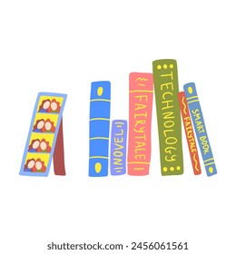 Cartoon Color Stack Different Stack Books and Photo Frame with Two Friends Element Home Inside Interior Concept Flat Design Style. Vector illustration of Book