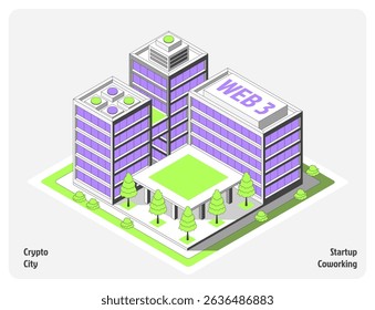 Cartoon Color Startup Coworking Building Architecture Crypto City Concept 3d Isometric View Line Elements. Vector illustration