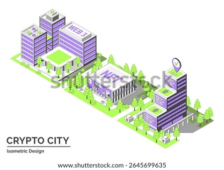 Cartoon Color Startup Coworking, NFT Gallery and Smart Contract Hub Building Crypto City Concept 3d Isometric View Line Elements. Vector illustration