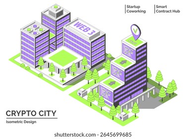 Cartoon Color Startup Coworking and Smart Contract Hub Building Crypto City Concept 3d Isometric View Line Elements. Vector illustration