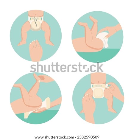 Cartoon Color Step Guide Changing Diapers Concept Flat Design Style. Vector illustration of Kids Absorbic Cotton Panties Usage Instructions
