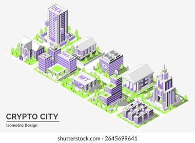 Cartoon Color Street with Buildings Architecture Crypto City Concept 3d Isometric View Line Elements. Vector illustration of Bank, Smart Contract Hub and Blockchain Museum