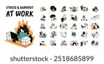 Cartoon Color Stress and Burnout at Work Concept Set Flat Design Style. Vector illustration of Scenes with Exhausted Women, Men and Mental Overload