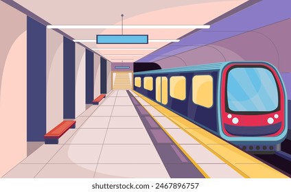 Cartoon Color Subway Station Interior Inside Scene Concept Flat Design Style. Vector illustration of Underground Train