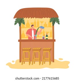 Cartoon Color Summer Alcohol Bar and Bartender Character Flat Design Style Professional Service. Vector illustration of Barman