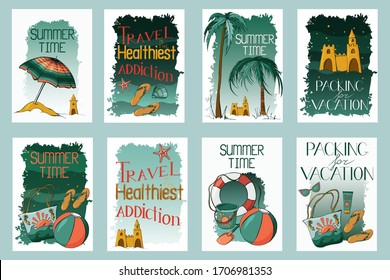 Cartoon color summer beach poster set with hand  drawn elements: umbrella, shoes, bag, ball, starfish, shell, sand castle, lifebuoy, palm, sunglasses and inscriptions. Vector illustration