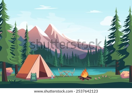 Cartoon Color Summer Camp Concept Tent, Mountain and Lake Landscape Scene Flat Design Style. Vector illustration