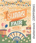 Cartoon Color Summer Fair Concept Poster Card Invitation Amusement Entertainment, Carousel and Funfair Flat Design Style. Vector illustration