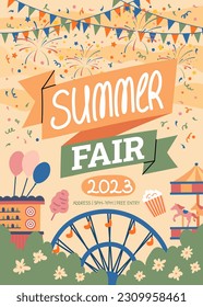 Cartoon Color Summer Fair Concept Poster Card Einladung Unterhaltung, Carousel und Funfair Flat Design Stil. Vektorgrafik