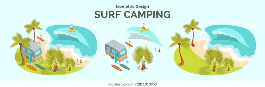 Cartoon Color Summer Rest and Joy Concept Surf Camping Experience with Separate Set 3d Isometric View. Vector illustration