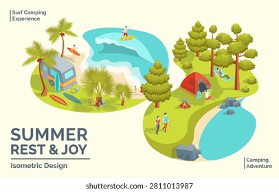 Cartoon Color Summer Rest and Joy Concept Camping Adventure and Surf Camping Experience 3d Isometric View. Vector illustration