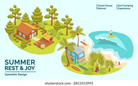 Cartoon Color Summer Rest and Joy Concept Forest House Retreat and Surf Camping Experience 3d Isometric View. Vector illustration