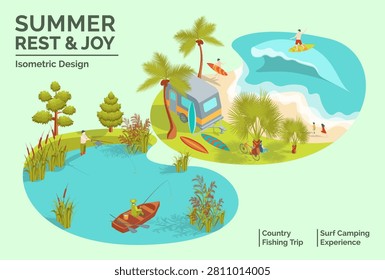 Cartoon Color Summer Rest and Joy Concept Country Fishing Trip and Surf Camping Experience 3d Isometric View. Vector illustration
