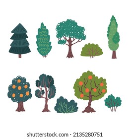 Cartoon Color Summer Tree Sign Icon Set Flat Design Style. Vector illustration of Trees with Foliage and Fruit