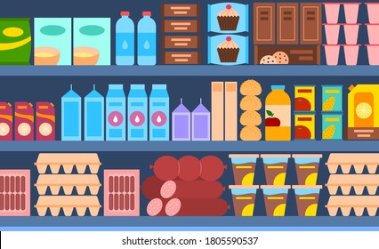 Cartoon Color Supermarket Shelves Interior Inside Concept Flat Design Style Include of Milk, Juice and Eggs. Vector illustration