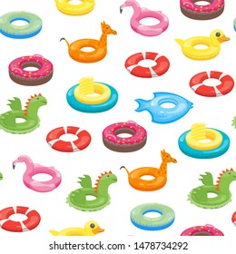 Cartoon Color Swimming Ring Toy Seamless Pattern Background on a White Include of Pink Flamingo, Duck, Fish and Donut Flat Design Style. Vector illustration