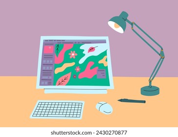 Cartoon Color Table with Graphic Tablet with a Screen Concept Flat Design Style. Vector illustration of Desktop
