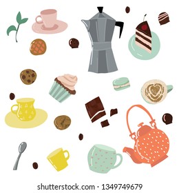 Cartoon Color Tea and Sweets Icons Set Set Include of Cup, Teapot, Cake, Cupcake, Candy and Dessert. Vector illustration
