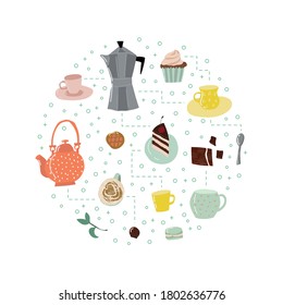 Cartoon Color Tea and Sweets Round Design Template Set Include of Cup, Teapot, Cake, Cupcake, Candy and Dessert. Vector illustration