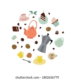Cartoon Color Tea and Sweets Round Design Template Banner Set Include of Cup, Teapot, Cake, Cupcake, Candy and Dessert. Vector illustration