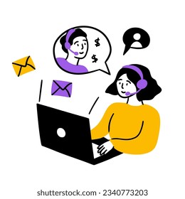 Concepto de trabajo en equipo de color de caricatura con caracteres de diseño plano de personas. Ilustración vectorial de la empresa de asistencia a centros de llamadas de escenas