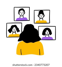Concepto de trabajo en equipo de color de caricatura con caracteres de diseño plano de personas. Ilustración vectorial de una reunión o conferencia en línea de escenas