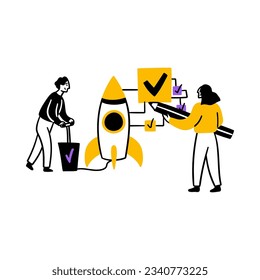 Concepto de trabajo en equipo de color de caricatura con personajes personas y estilo de diseño plano de cohete espacial. Ilustración vectorial del proyecto de inicio de escena