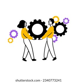 Cartoon Color Teamwork Concept with Characters People Flat Design Style. Vector illustration of Scene Cooperation System,