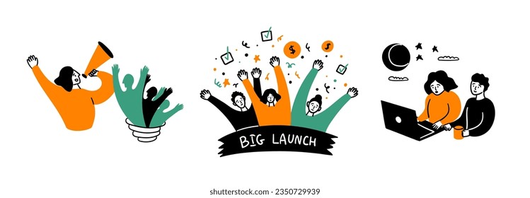 Cartoon Color Teamwork Concept Scene Set Flat Design Style. Vector illustration of Situation Big Launch Team Work and Business Collaboration