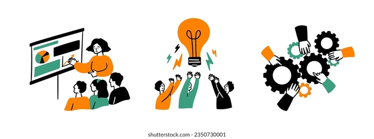 Cartoon Color Teamwork Concept Scene Set Flat Design Style Project Presentation. Vector illustration of Situation Team Work and Business Collaboration