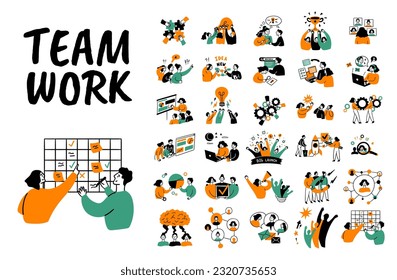 Cartoon Color Teamwork Concept Set Flat Design Style. Vector illustration of Scenes with Part in Business Activities