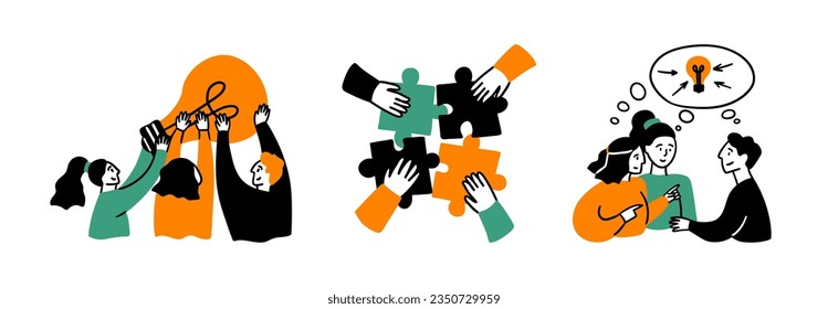 Cartoon Color Teamwork Idea Support Concept Scene Set Flat Design Style. Vector illustration of Situation Team Work and Business Collaboration