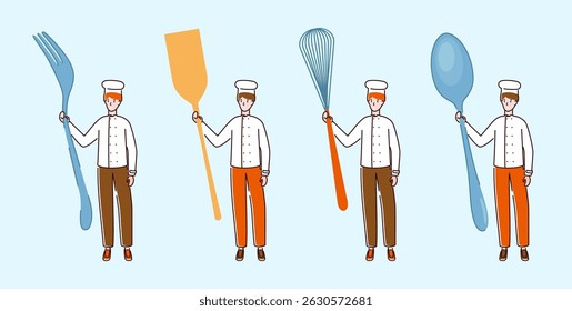 Cartoon Color Tiny Characters Boy Holding Kitchen Appliances Concept Flat Design Style. Vector illustration