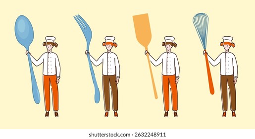 Cartoon Color Tiny Characters Girl Holding Kitchen Appliances Concept Flat Design Style. Vector illustration